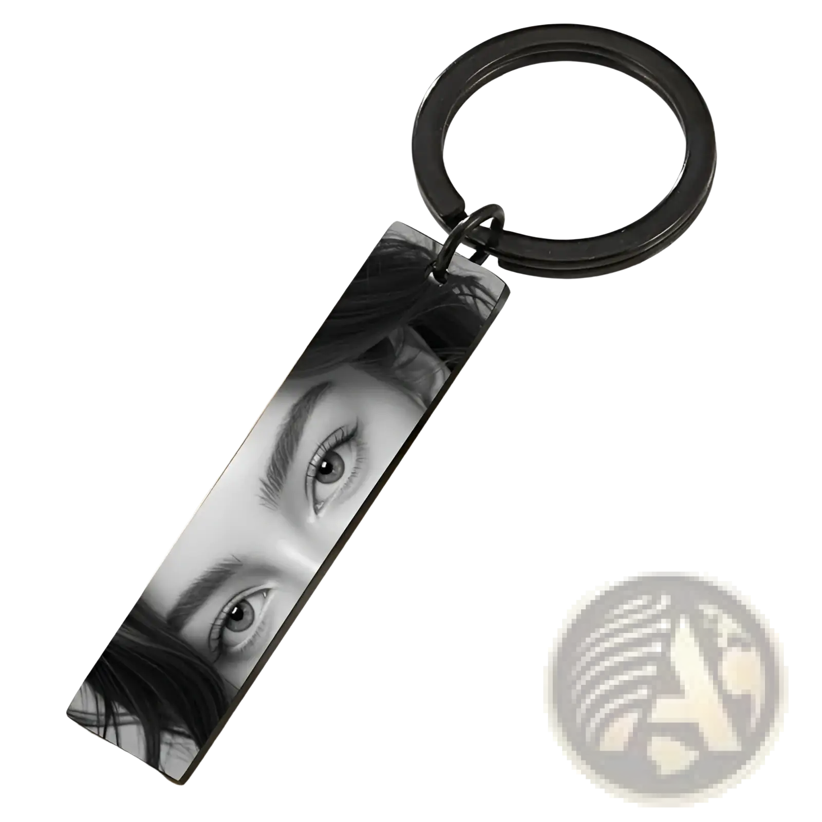 Black rectangular stainless steel keychain engraved with a detailed grayscale portrait of eyes and dark hair