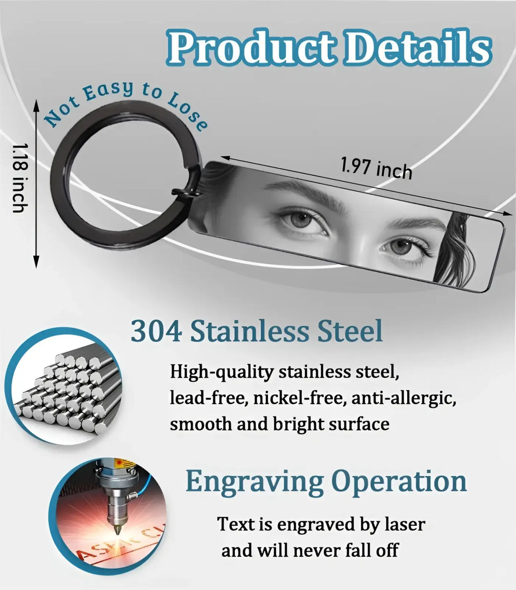 Custom eye photo engraved black rectangular stainless steel keychain with built-in mirror made of 304 stainless steel
