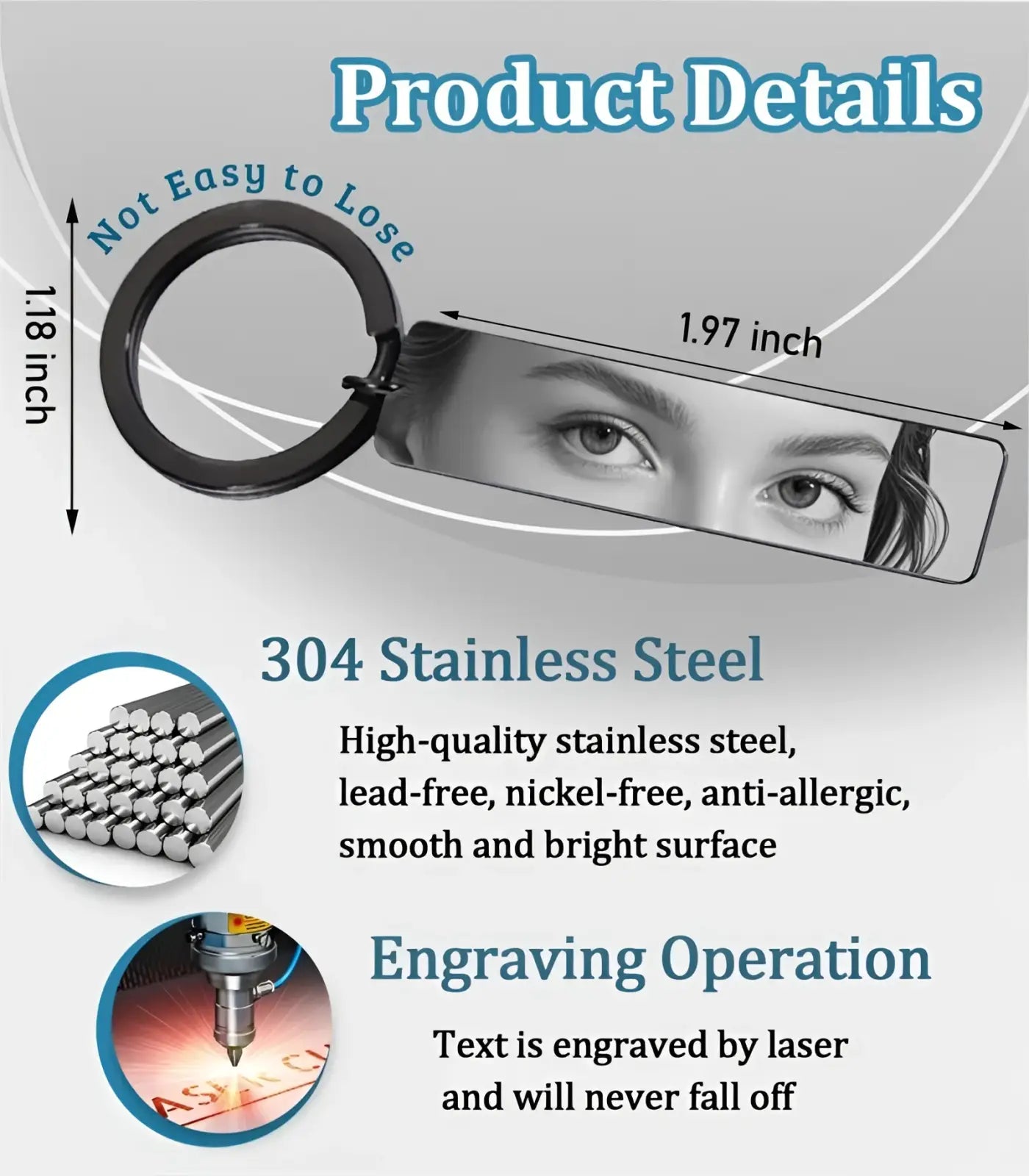 Custom eye photo engraved black rectangular stainless steel keychain with built-in mirror made of 304 stainless steel