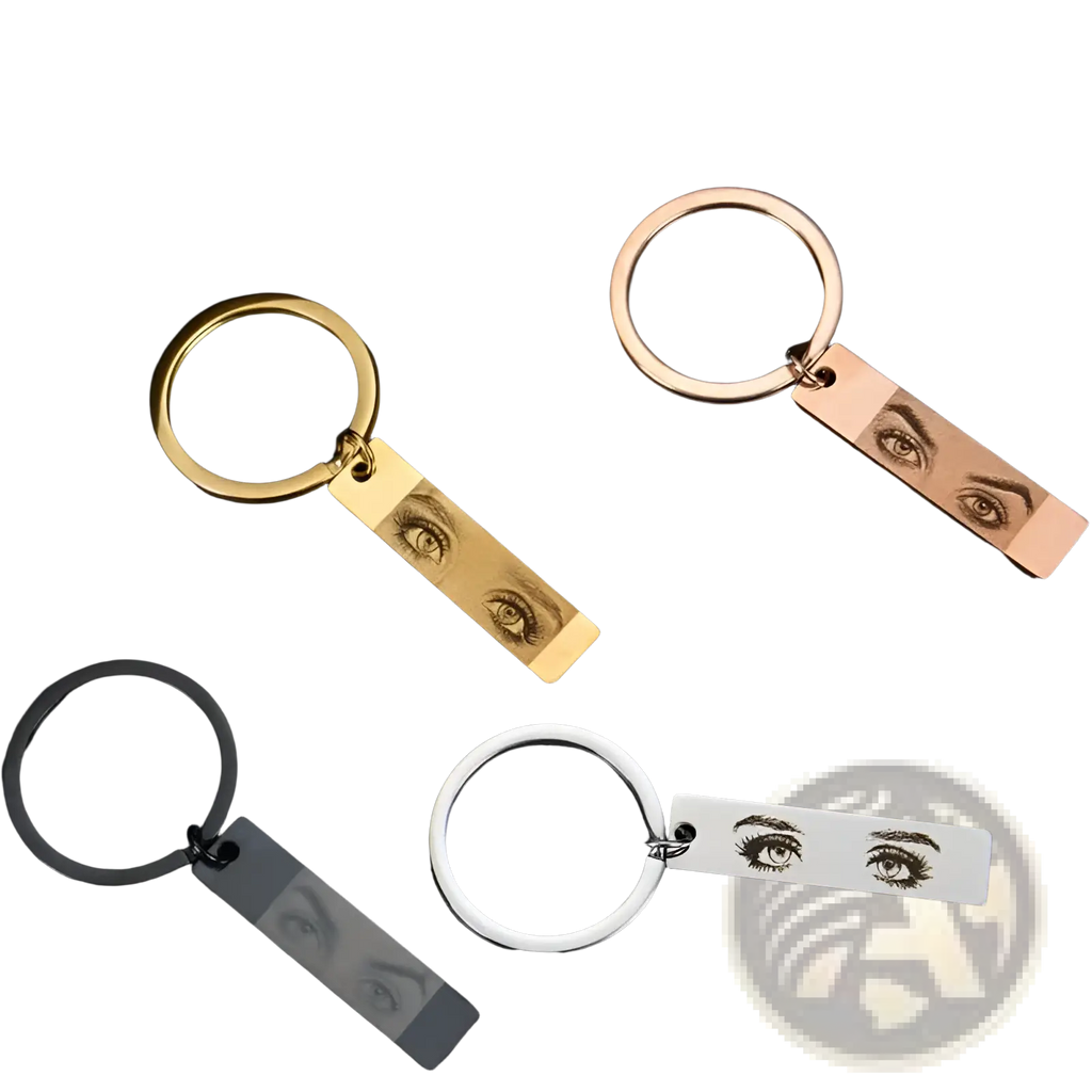 Set of four custom eye photo engraved stainless steel keychains with rectangular tags in gold rose gold black and silver finishes