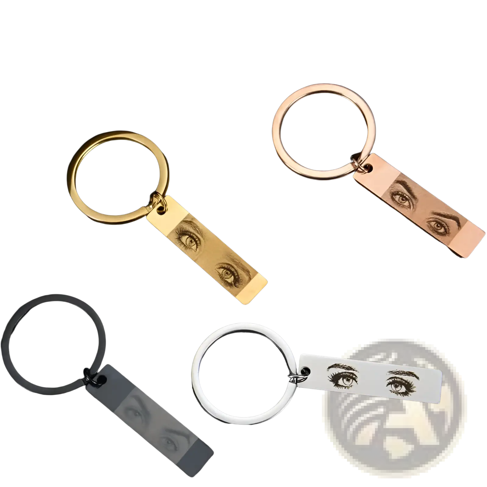 Set of four custom eye photo engraved stainless steel keychains with rectangular tags in gold rose gold black and silver finishes