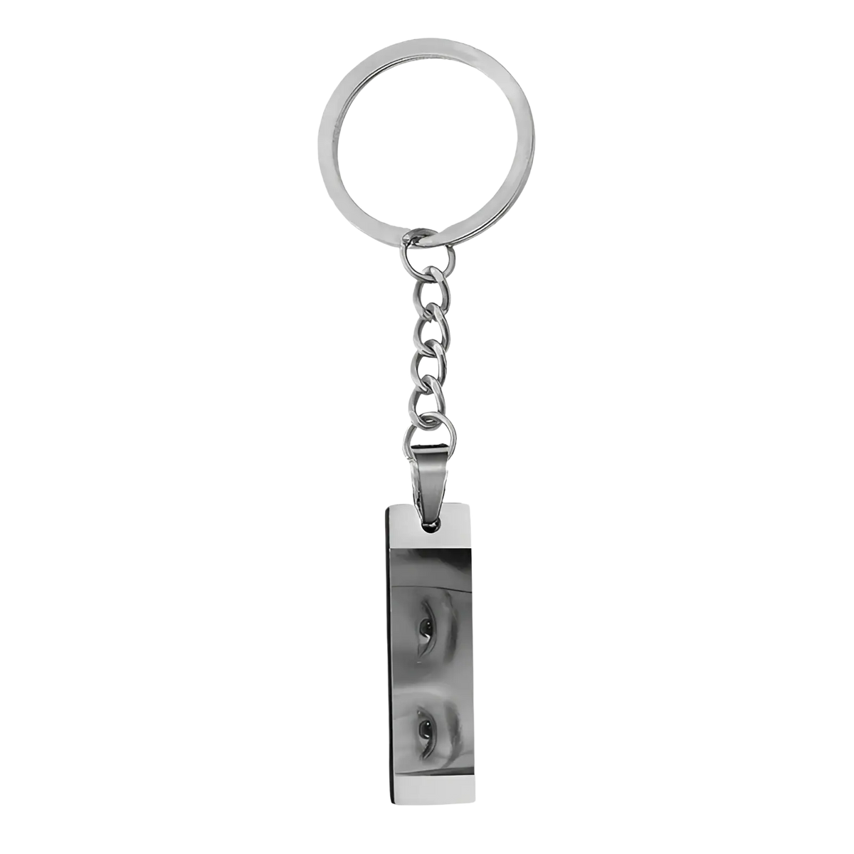 Silver rectangular stainless steel keychain featuring a custom black-and-white eye photo engraving on its face