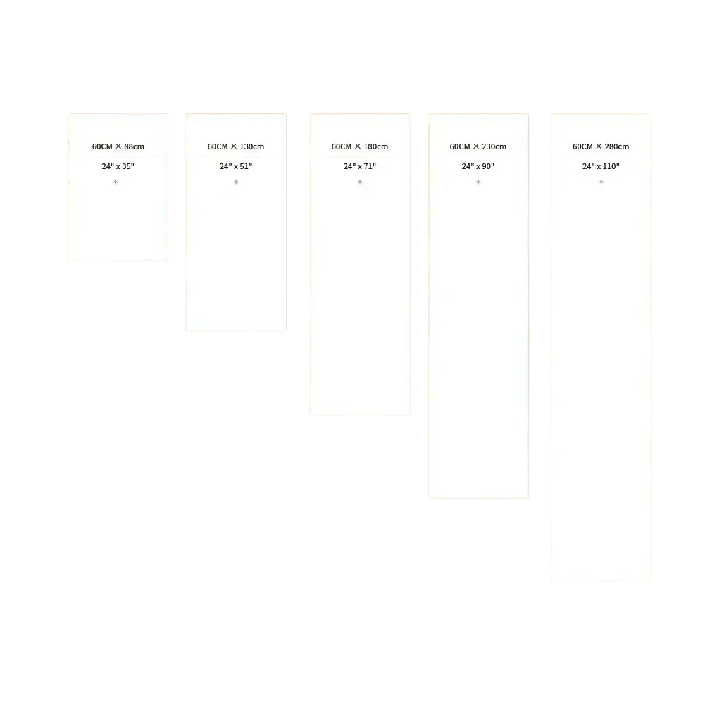 Set of five minimalist white canvas prints with dimensions labeled for a custom fabric wedding welcome sign