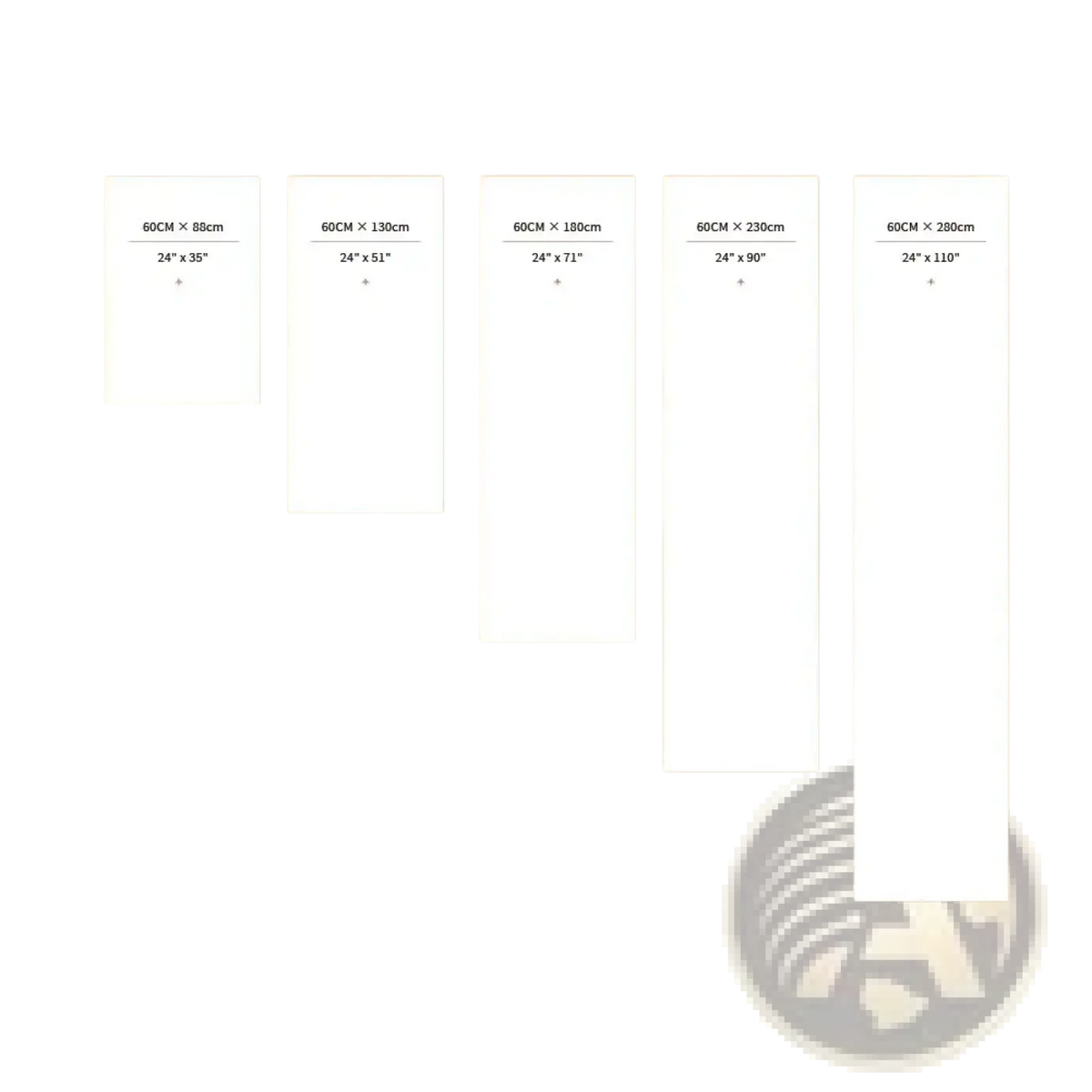 Set of five minimalist white canvas prints with dimensions labeled for a custom fabric wedding welcome sign