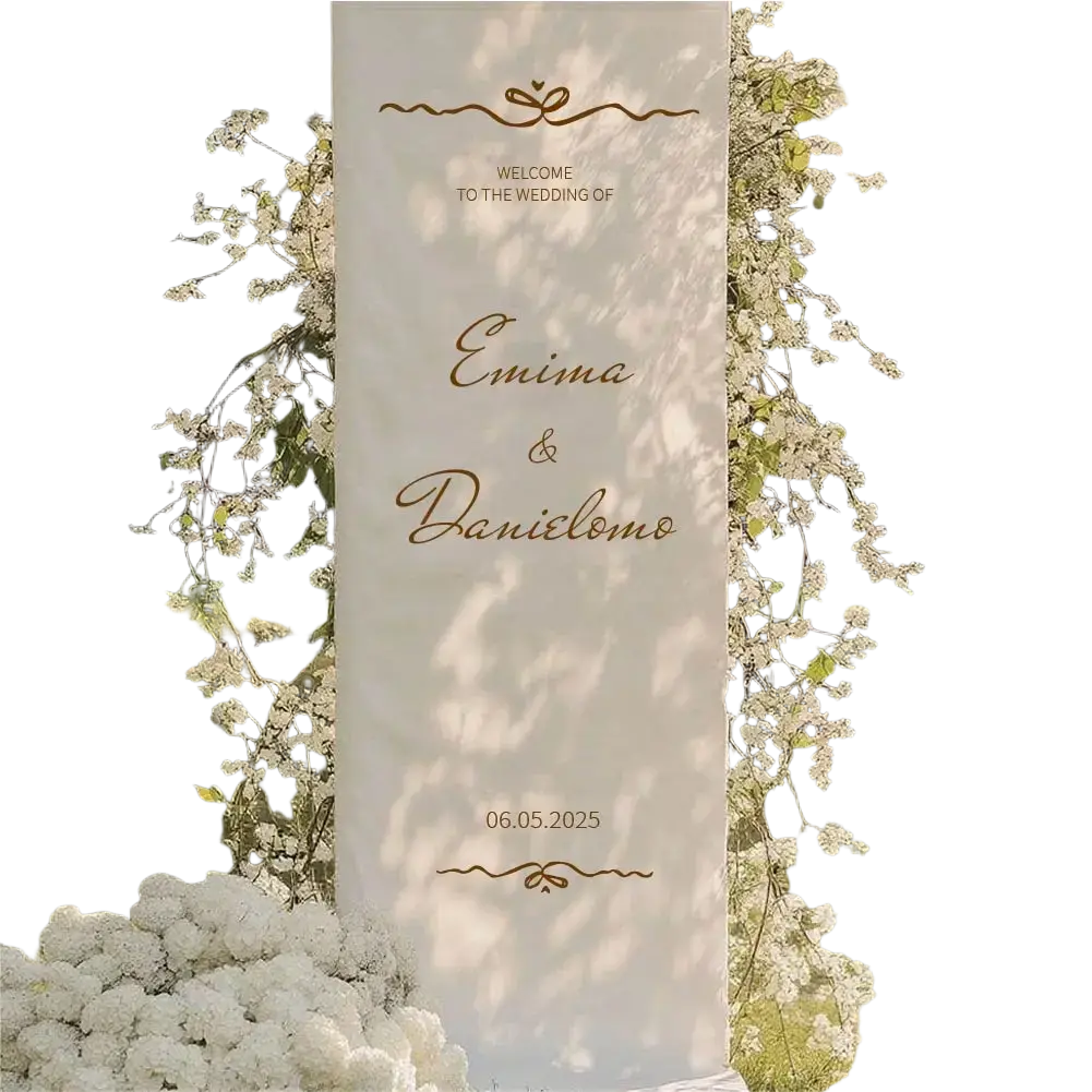Custom fabric wedding welcome sign tall cream-colored with elegant gold cursive lettering and decorative flourishes