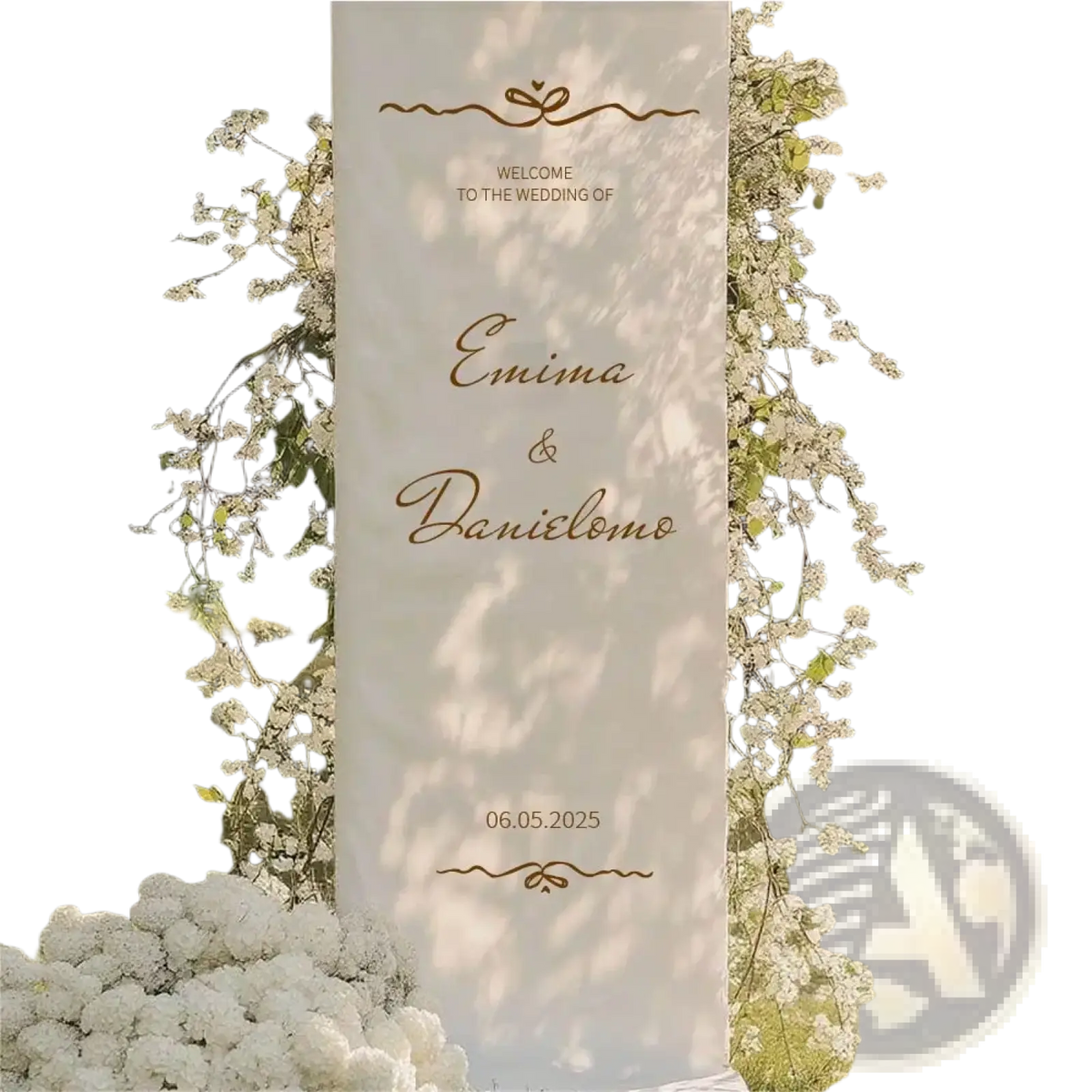 Custom fabric wedding welcome sign tall cream-colored with elegant gold cursive lettering and decorative flourishes