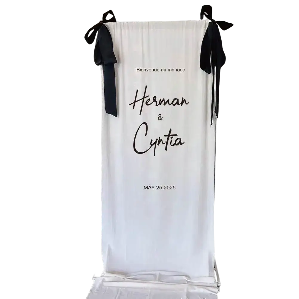 Custom fabric wedding welcome sign white banner with black cursive bienvenue au mariage herman cyntia may 25 2025 and ribbons