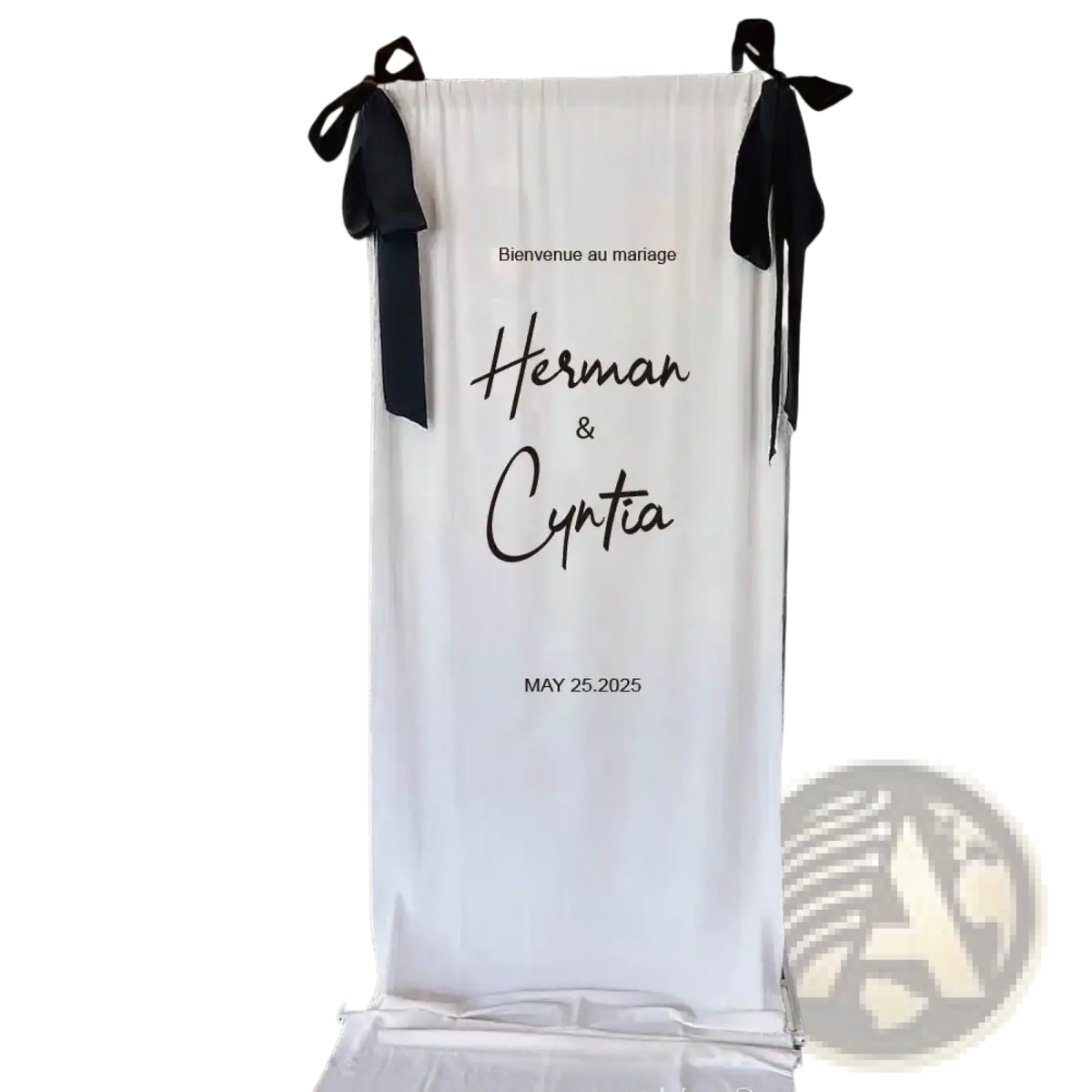 Custom fabric wedding welcome sign white banner with black cursive bienvenue au mariage herman cyntia may 25 2025 and ribbons