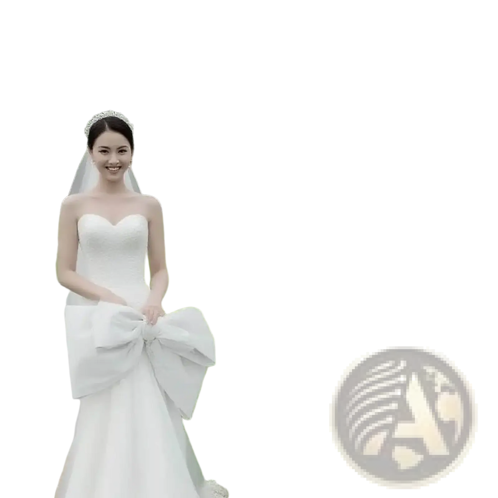 White satin wedding gown with a sweetheart neckline and large bow at the waist for a custom fabric wedding welcome sign