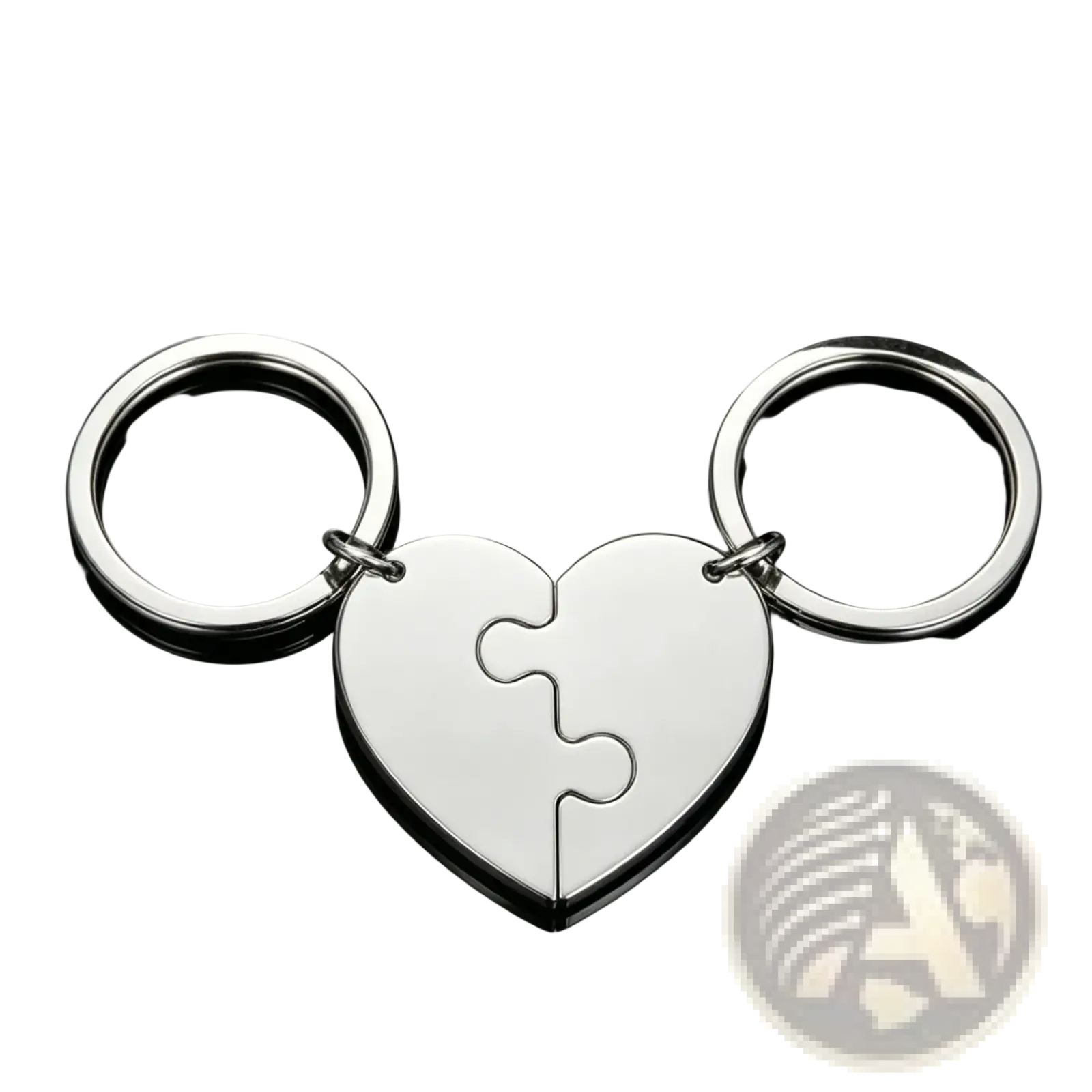 Silver custom family puzzle heart keychain with two interlocking puzzle-piece halves attached to circular rings