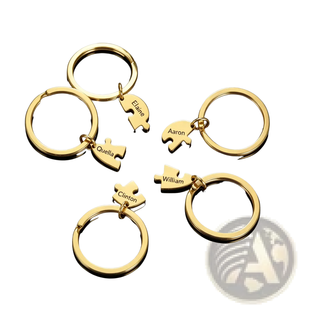 Gold-colored custom family puzzle heart keychains with engraved names made of metal for personalized gifts
