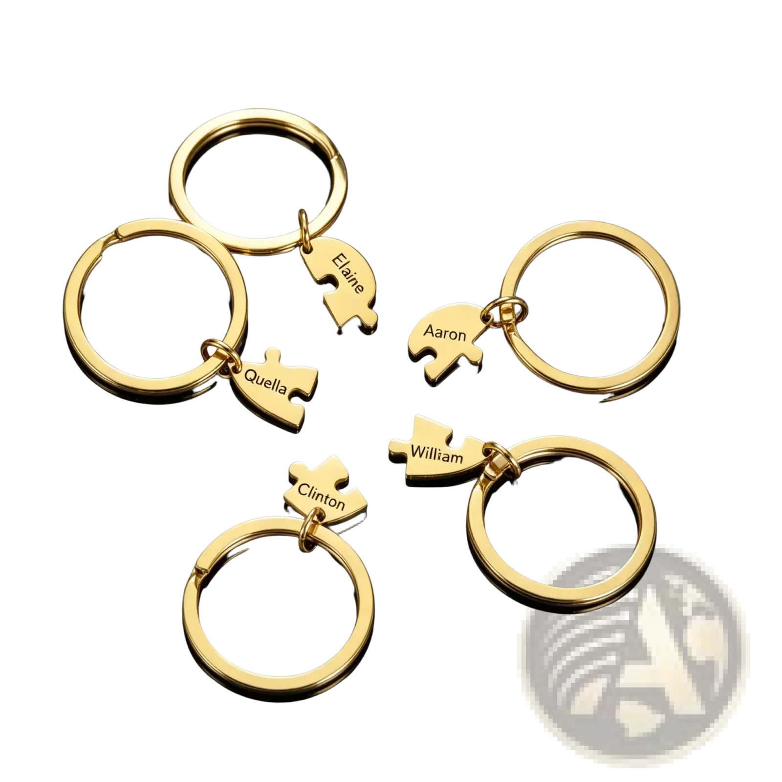 Gold-colored custom family puzzle heart keychains with engraved names made of metal for personalized gifts
