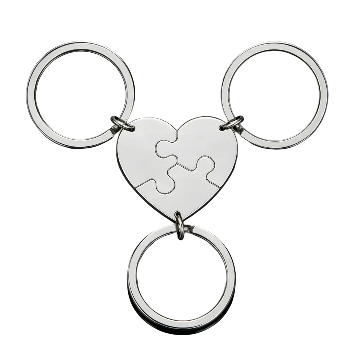 Silver heart-shaped custom family puzzle keychain with interlocking pieces, three rings, and polished metallic finish