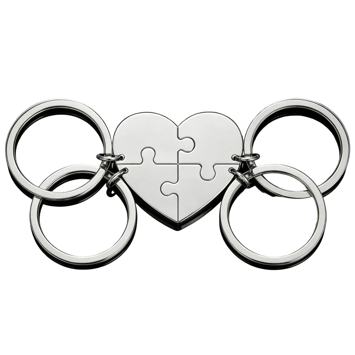 Silver custom family puzzle heart keychain with interlocking puzzle-piece design and four circular rings made of metal