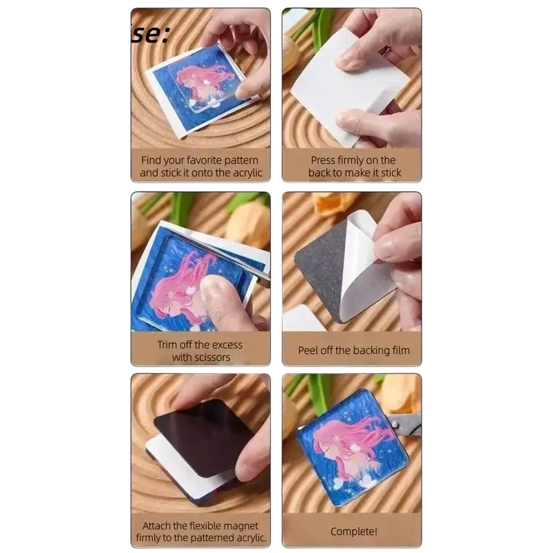 Custom fridge magnets diy acrylic craft kit blue square with pink-haired mermaid design and flexible magnet backing
