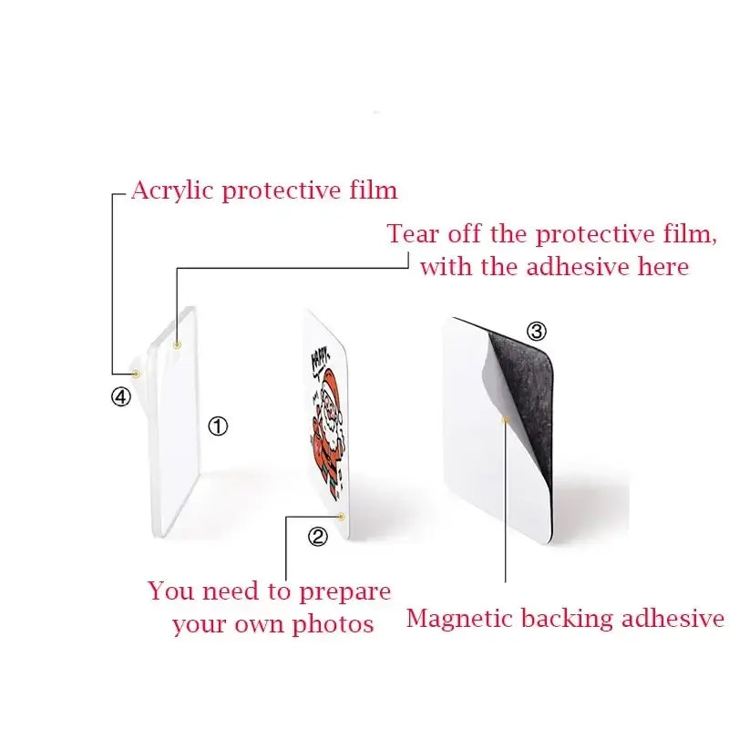 Clear acrylic custom fridge magnets with magnetic adhesive backing featuring an illustrated santa claus design