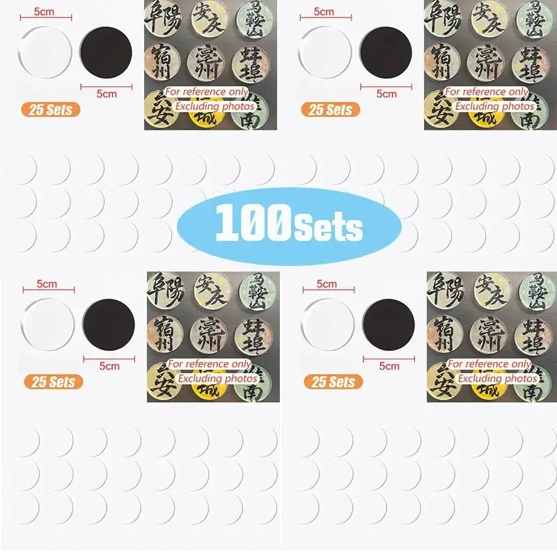 Set of 100 custom fridge magnets with 5cm circular acrylic stickers featuring chinese calligraphy on clear and black backgrounds