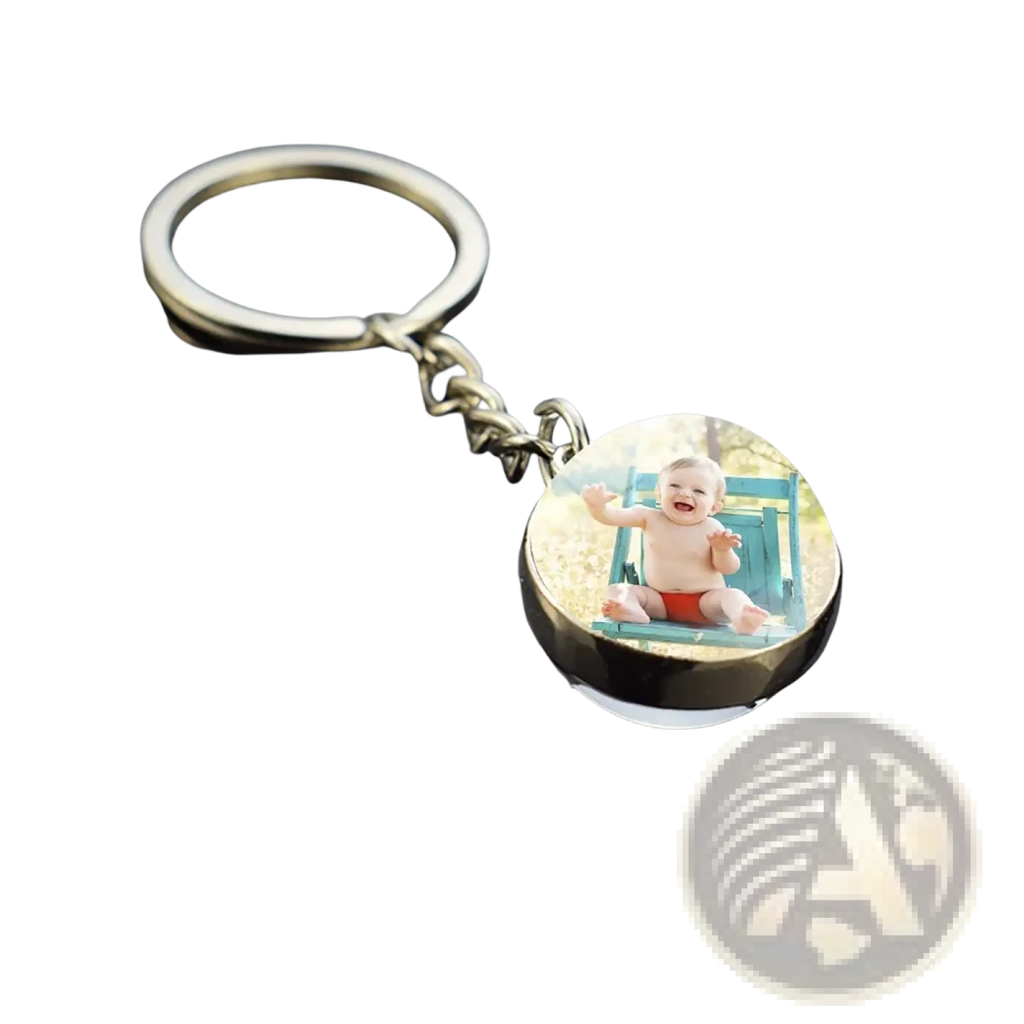 Custom glow photo keychain round keyring with metallic ring and chain featuring glossy black finish and baby image
