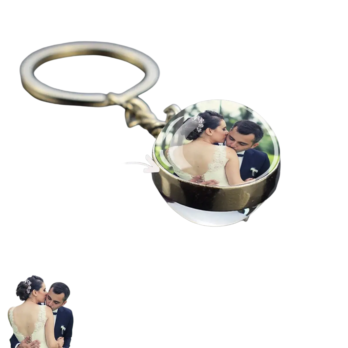 Gold-toned spherical custom glow photo keychain with clear domed cover displaying a personalized couple kissing photo
