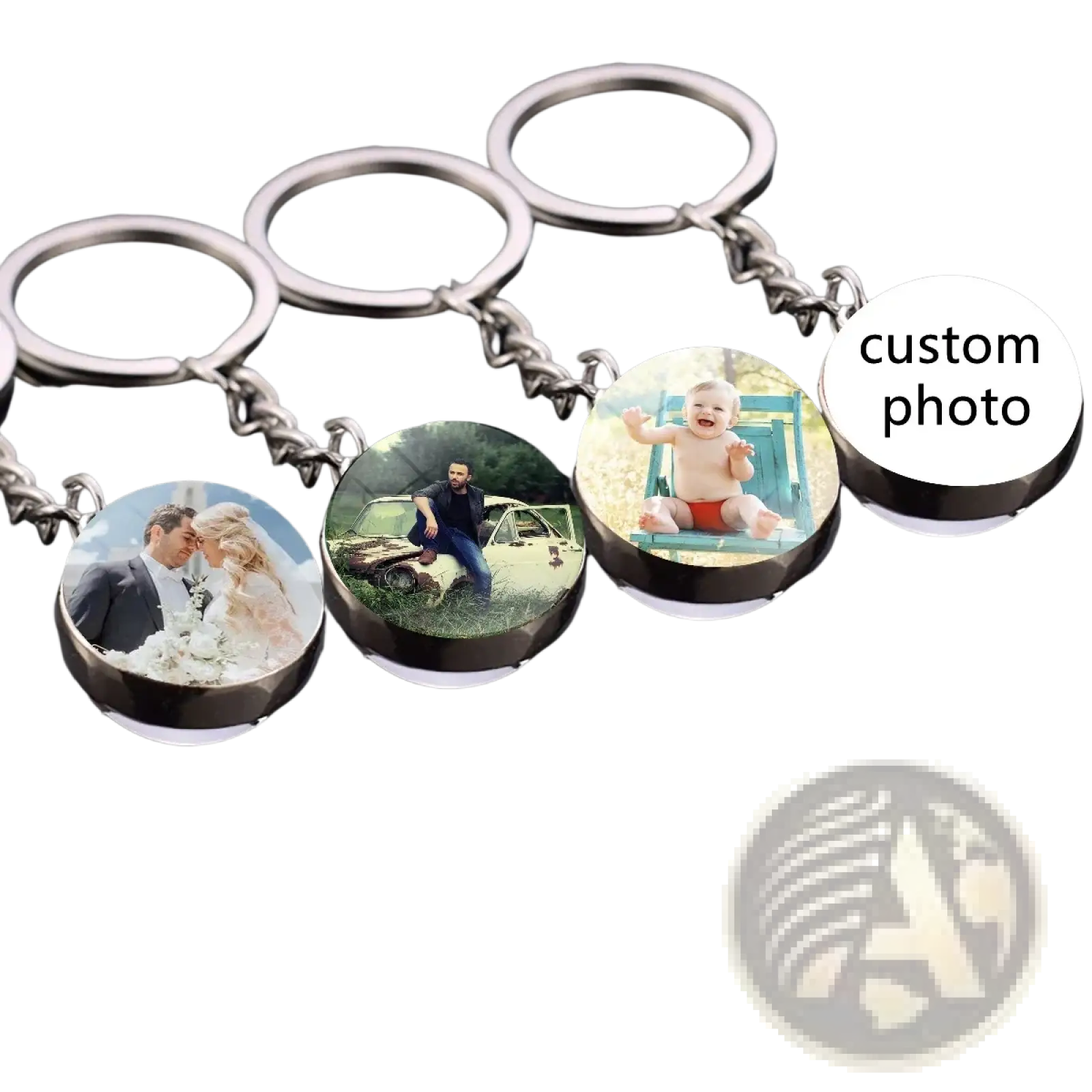 Custom glow photo keychain with circular glass dome displaying personal images on silver-toned metal chain and ring