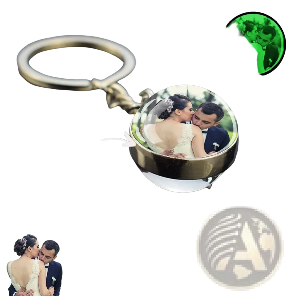 A luminous-style custom glow photo keychain with a clear round glass globe featuring a couple kissing inside