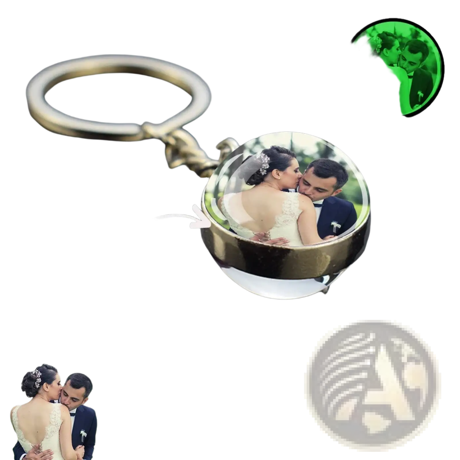 A luminous-style custom glow photo keychain with a clear round glass globe featuring a couple kissing inside
