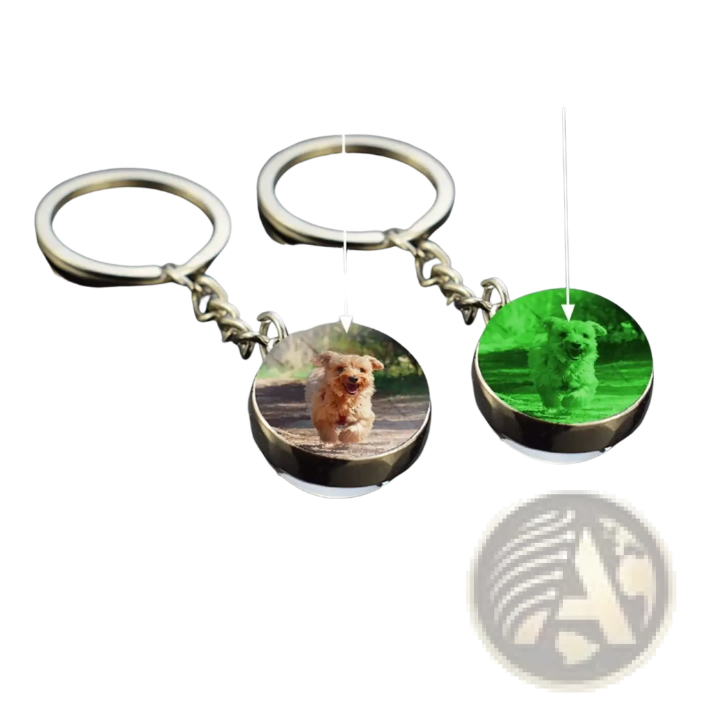 Custom glow photo keychain with a tan dog image in normal and luminous green glow-in-the-dark mode on round keyrings
