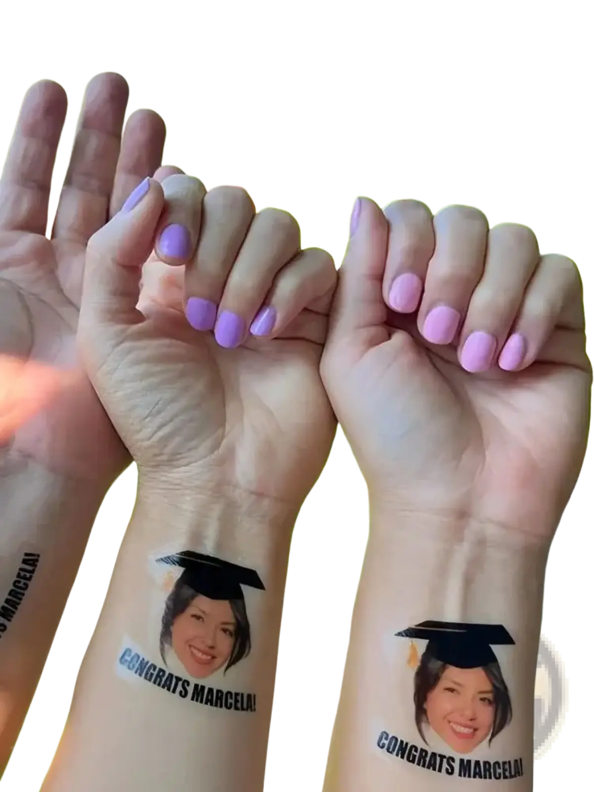 Custom graduation face tattoo featuring a smiling woman in a cap with congrats marcela printed below for party favors