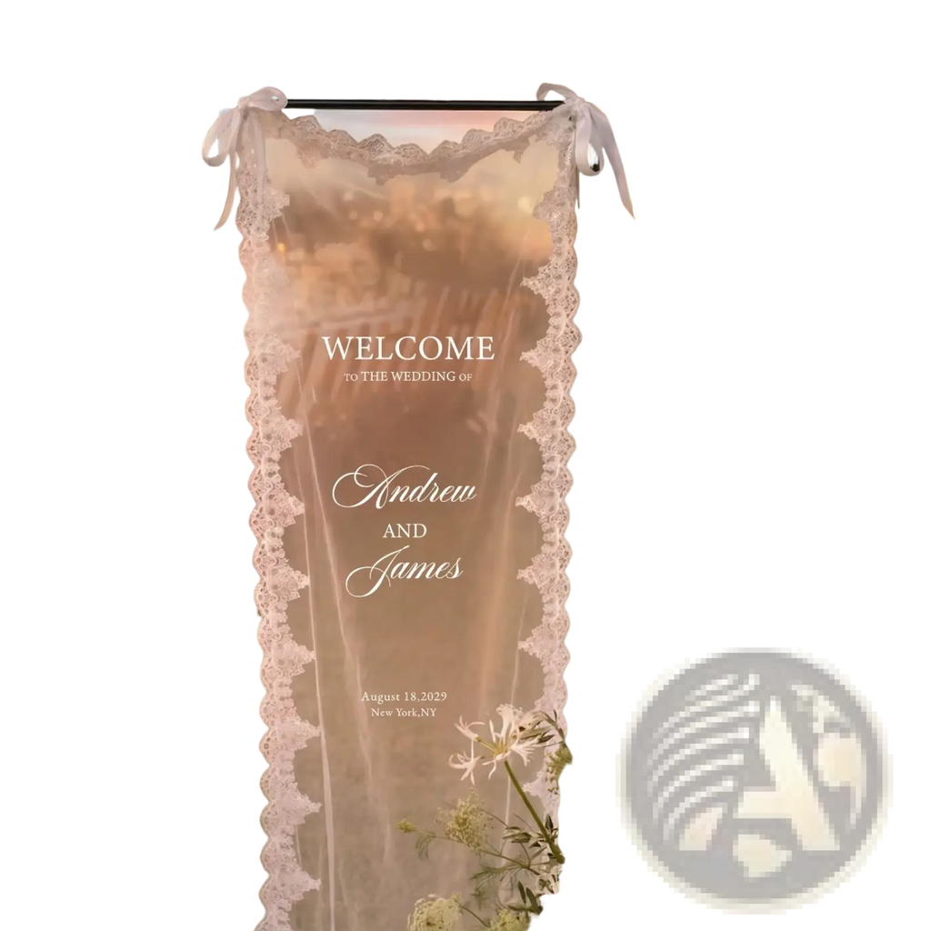 Custom lace wedding welcome banner fabric sign with delicate translucent white lace trim and gold-embossed text