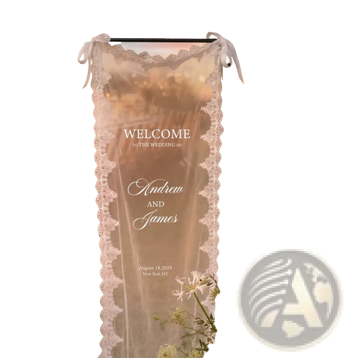 Custom lace wedding welcome banner fabric sign with delicate translucent white lace trim and gold-embossed text