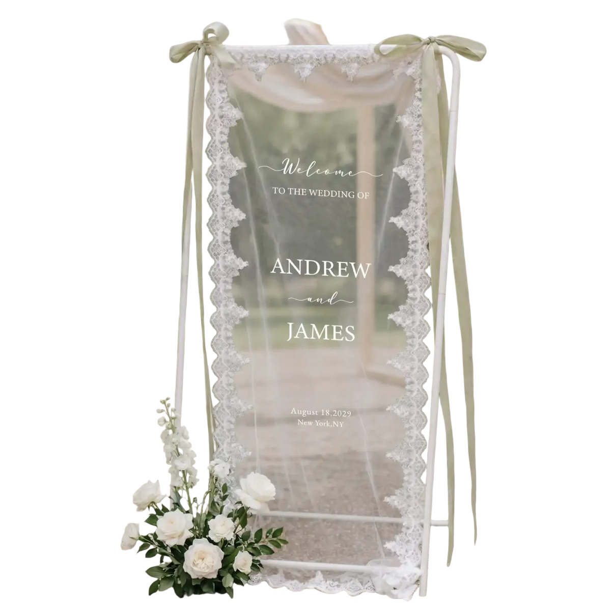 Custom lace wedding welcome banner fabric sign with clear acrylic, white lace trim, sage green ribbon, and cursive text for andrew and james