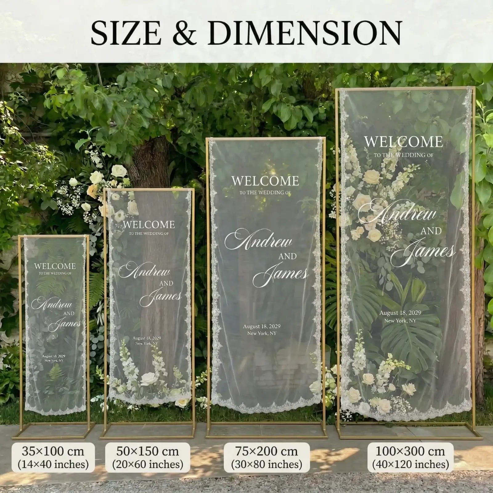 Custom lace wedding welcome banner fabric sign featuring clear acrylic with gold frames and white lace for andrew and james wedding