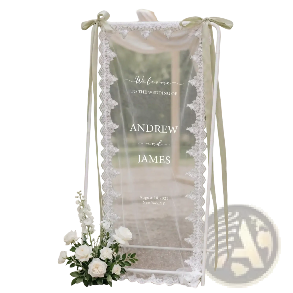 Custom lace wedding welcome banner fabric sign with clear acrylic, white lace trim, sage green ribbon, and cursive text for andrew and james