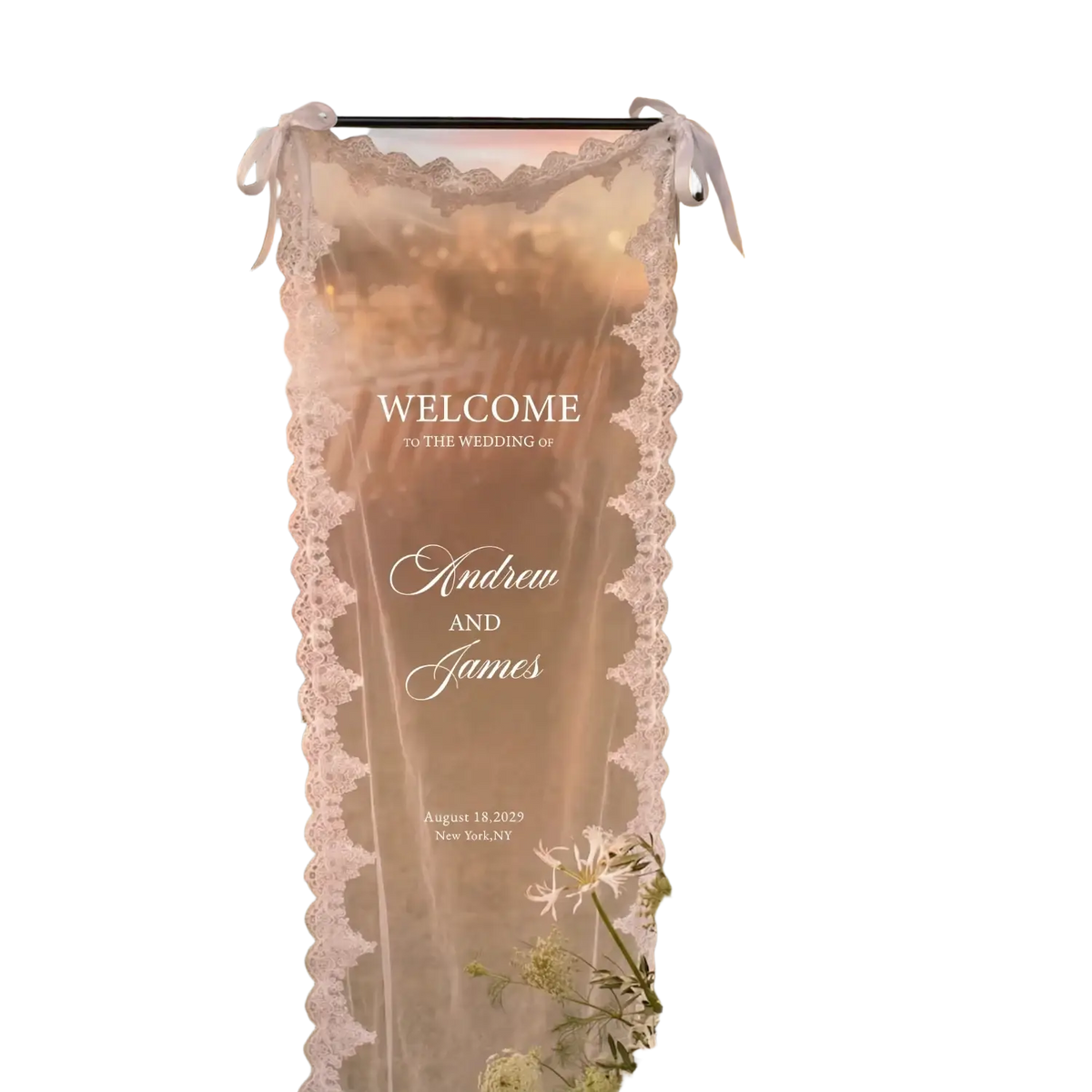 Custom lace wedding welcome banner fabric sign with delicate translucent white lace trim and gold-embossed text