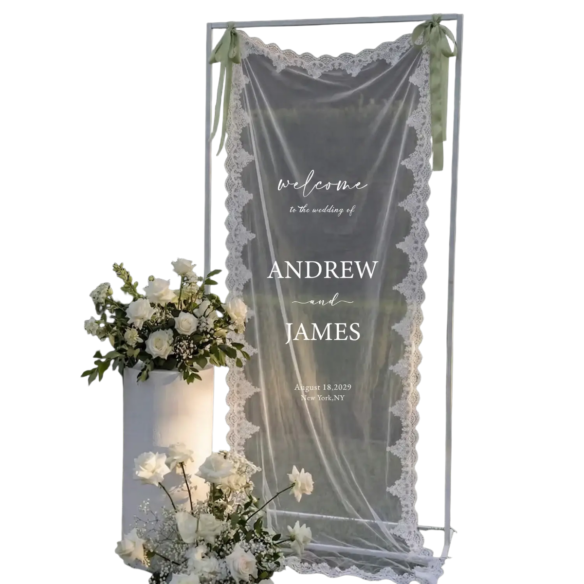 Custom lace wedding welcome banner fabric sign with delicate white lace, scalloped edge, elegant script, and light green ribbons