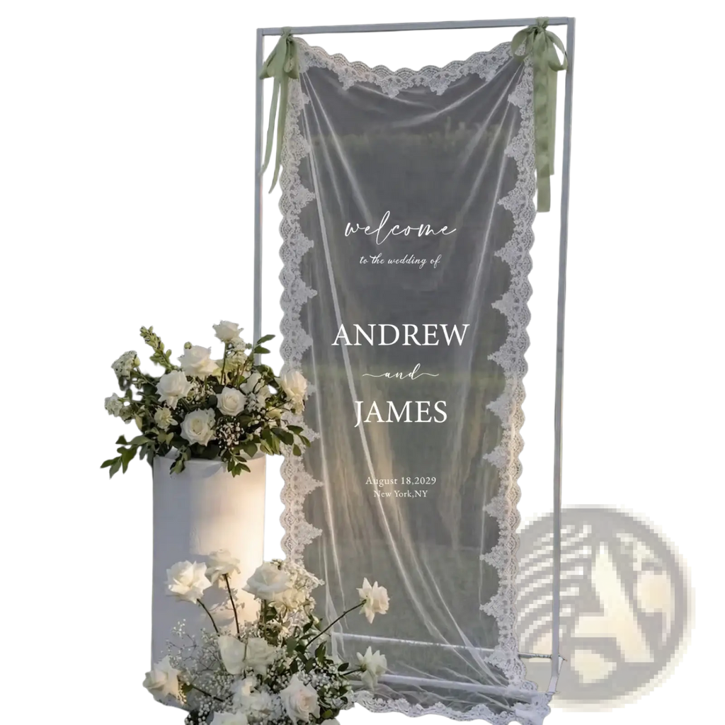 Custom lace wedding welcome banner fabric sign with delicate white lace, scalloped edge, elegant script, and light green ribbons