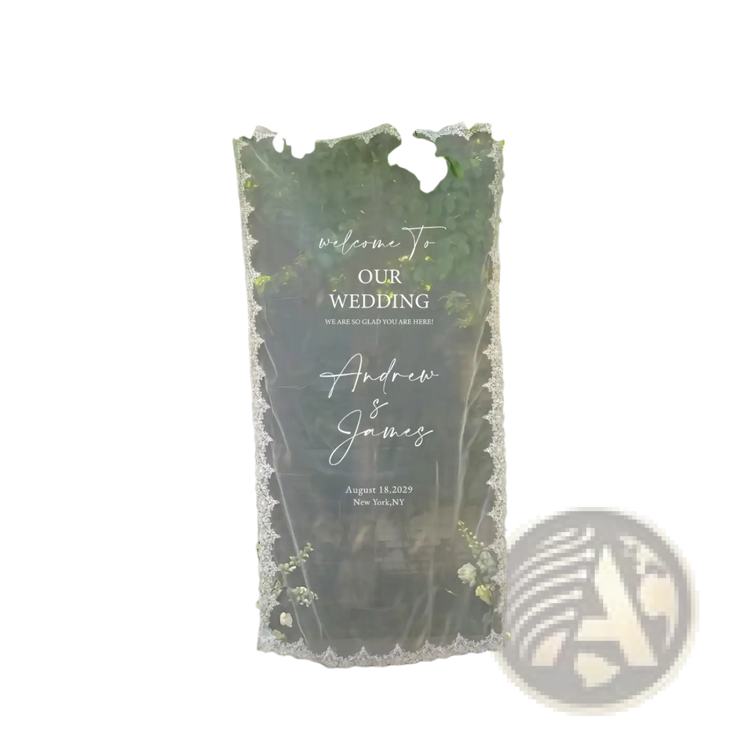 Custom lace wedding welcome banner fabric sign in translucent gray with white lace trim and elegant cursive script