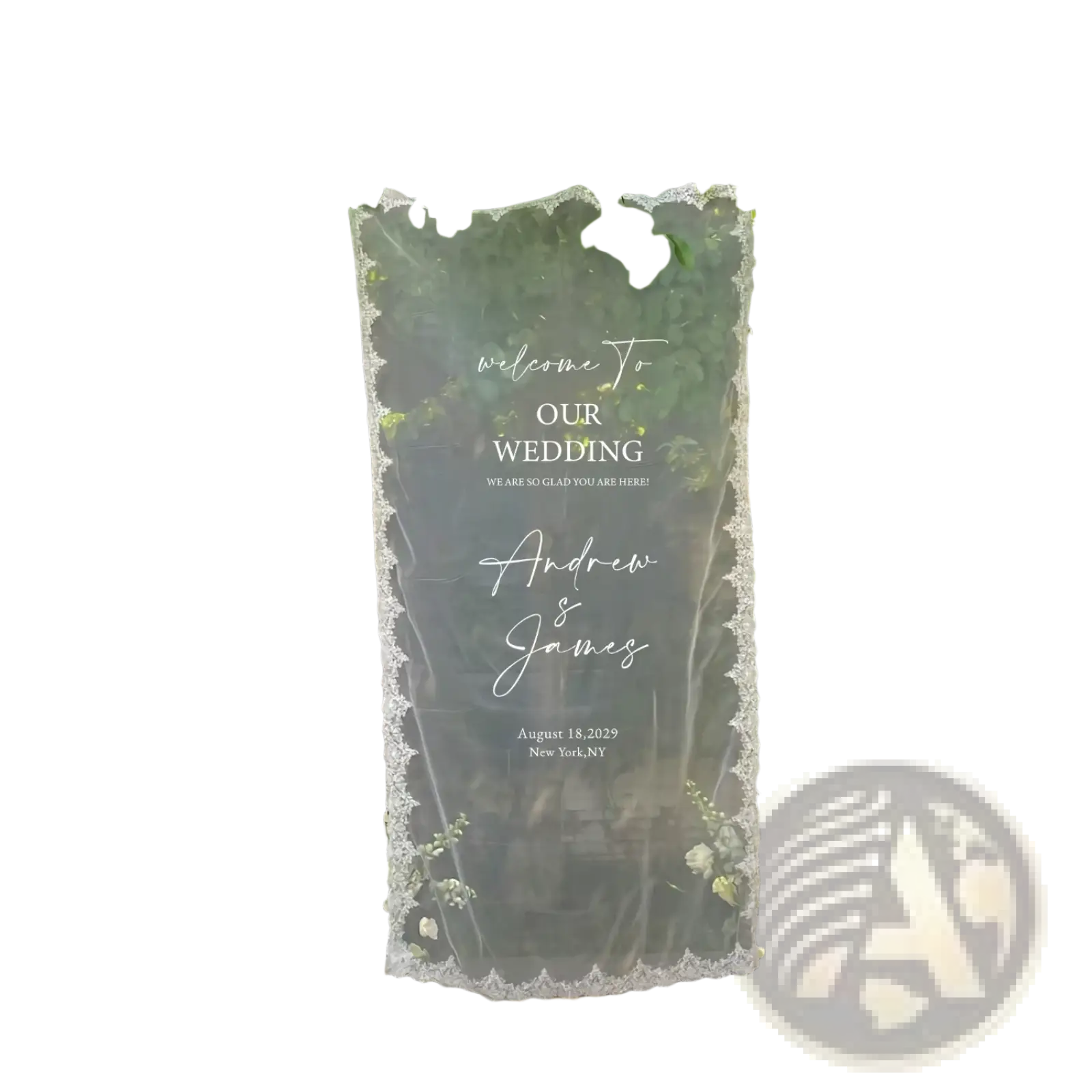 Custom lace wedding welcome banner fabric sign in translucent gray with white lace trim and elegant cursive script