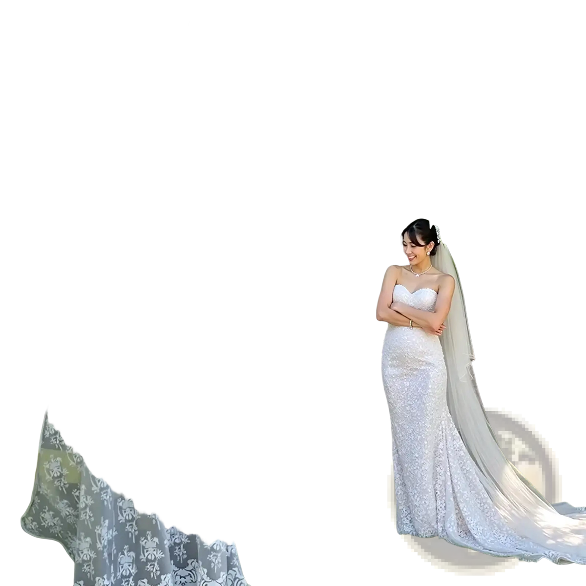 White lace wedding welcome sign banner featuring a fitted bodice and flowing train design for elegant events