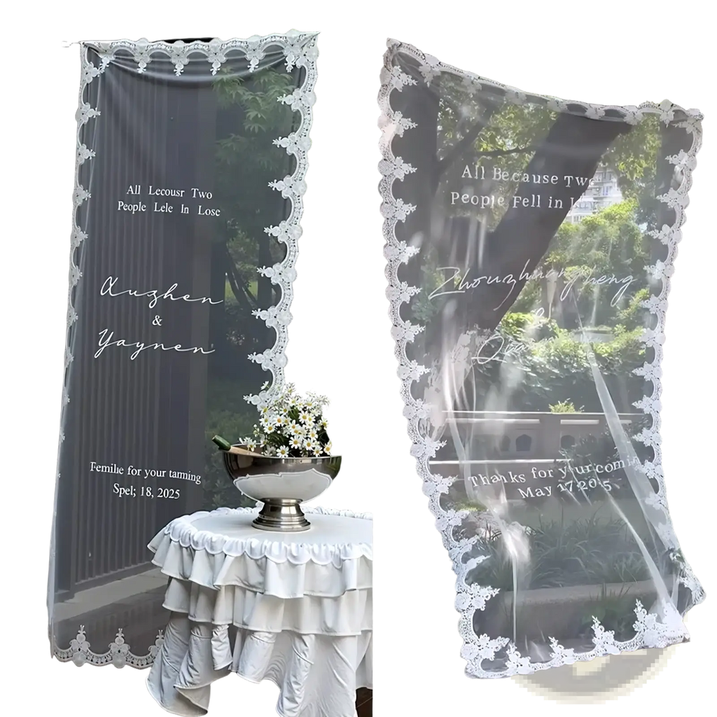 Custom lace wedding welcome sign banner featuring transparent lace with white floral embroidery and light gray cursive text