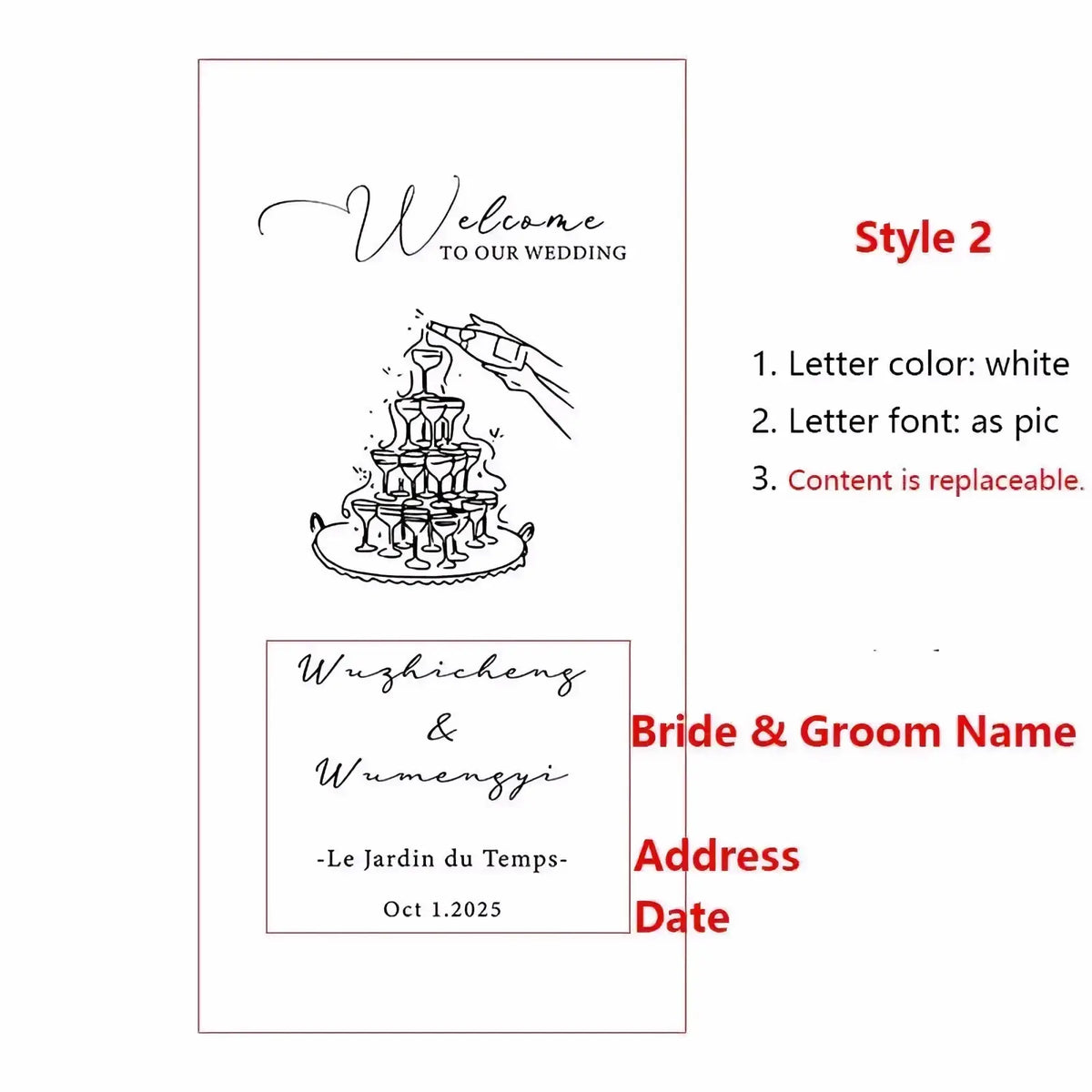 Custom lace wedding welcome sign banner in white with black champagne tower line art and customizable text fields