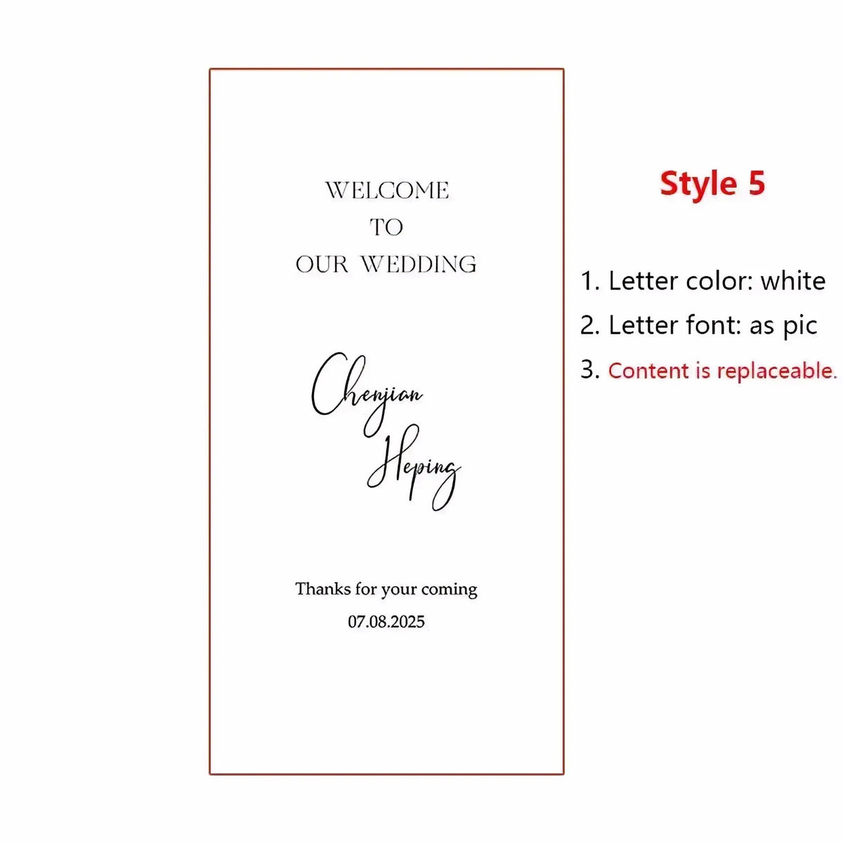 Custom lace wedding welcome sign banner featuring a white card with elegant cursive script and a thin brown border