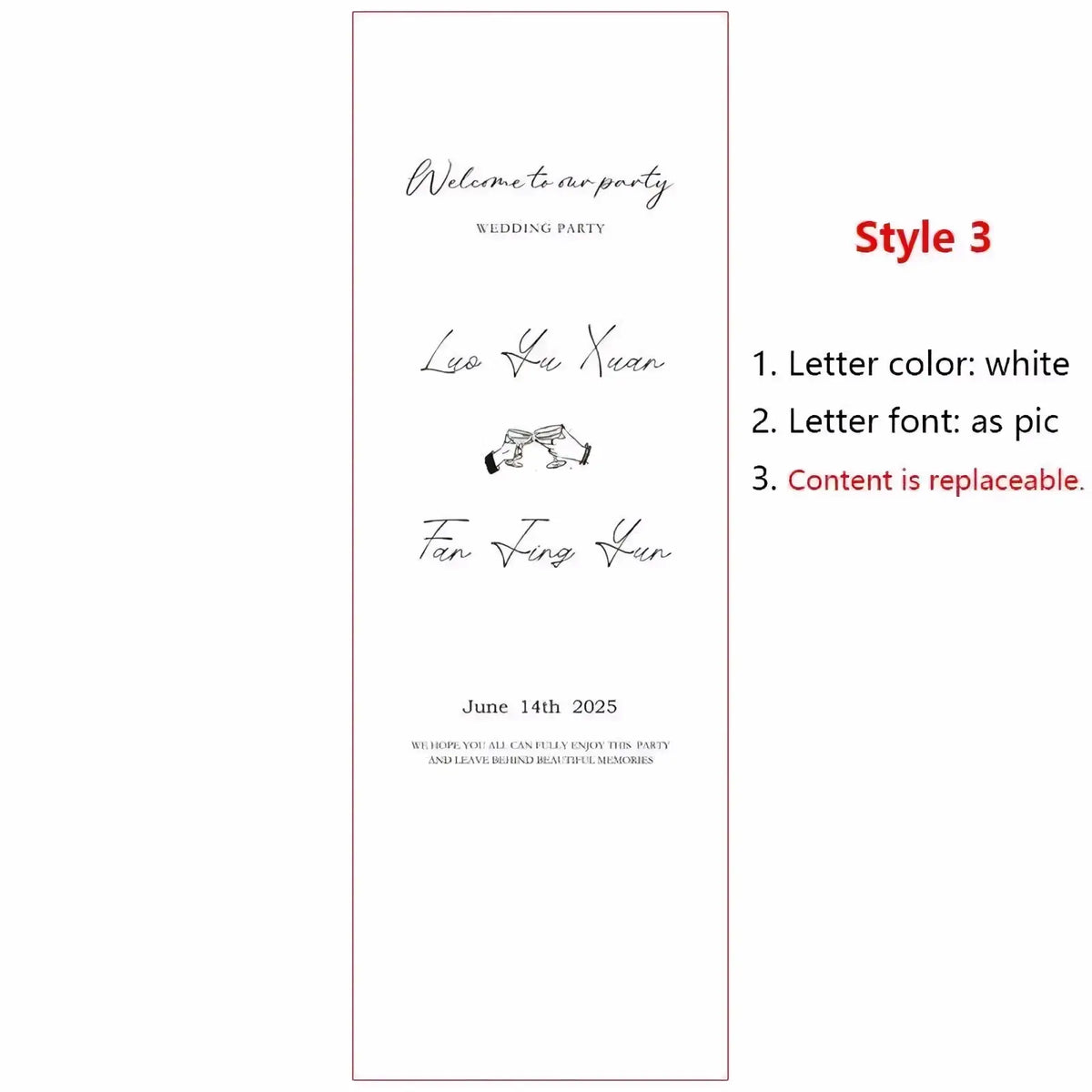 Custom lace wedding welcome sign banner in white cursive with minimalist design and replaceable content for wedding party