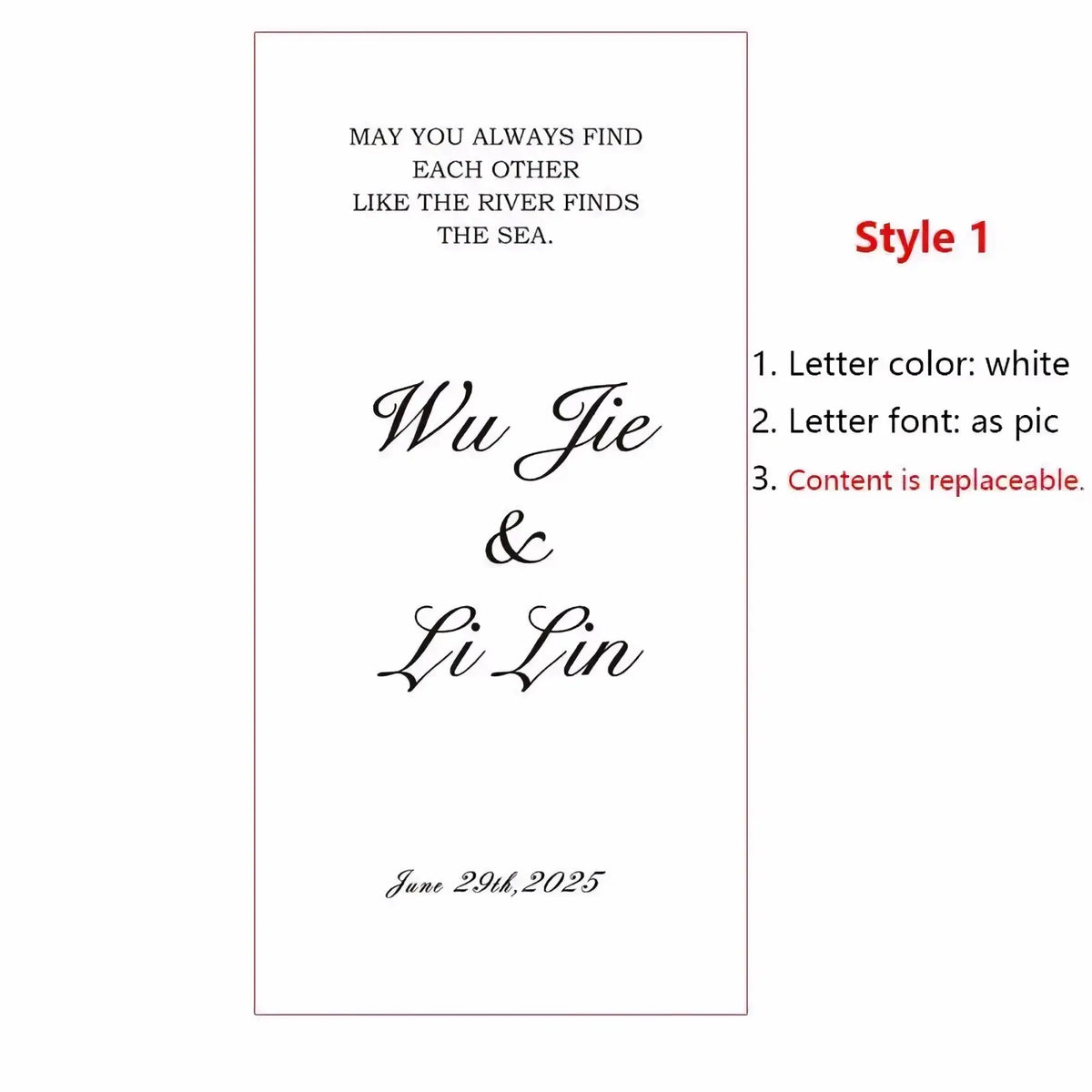 White personalized custom lace wedding welcome sign banner featuring elegant black cursive script for wu jie and li lin with date