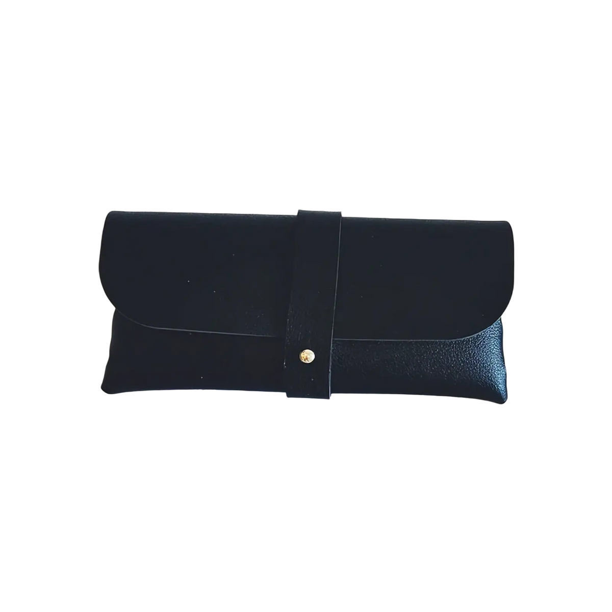 Black leather glasses case with gold-tone snap button closure personalized as a bridesmaid gift