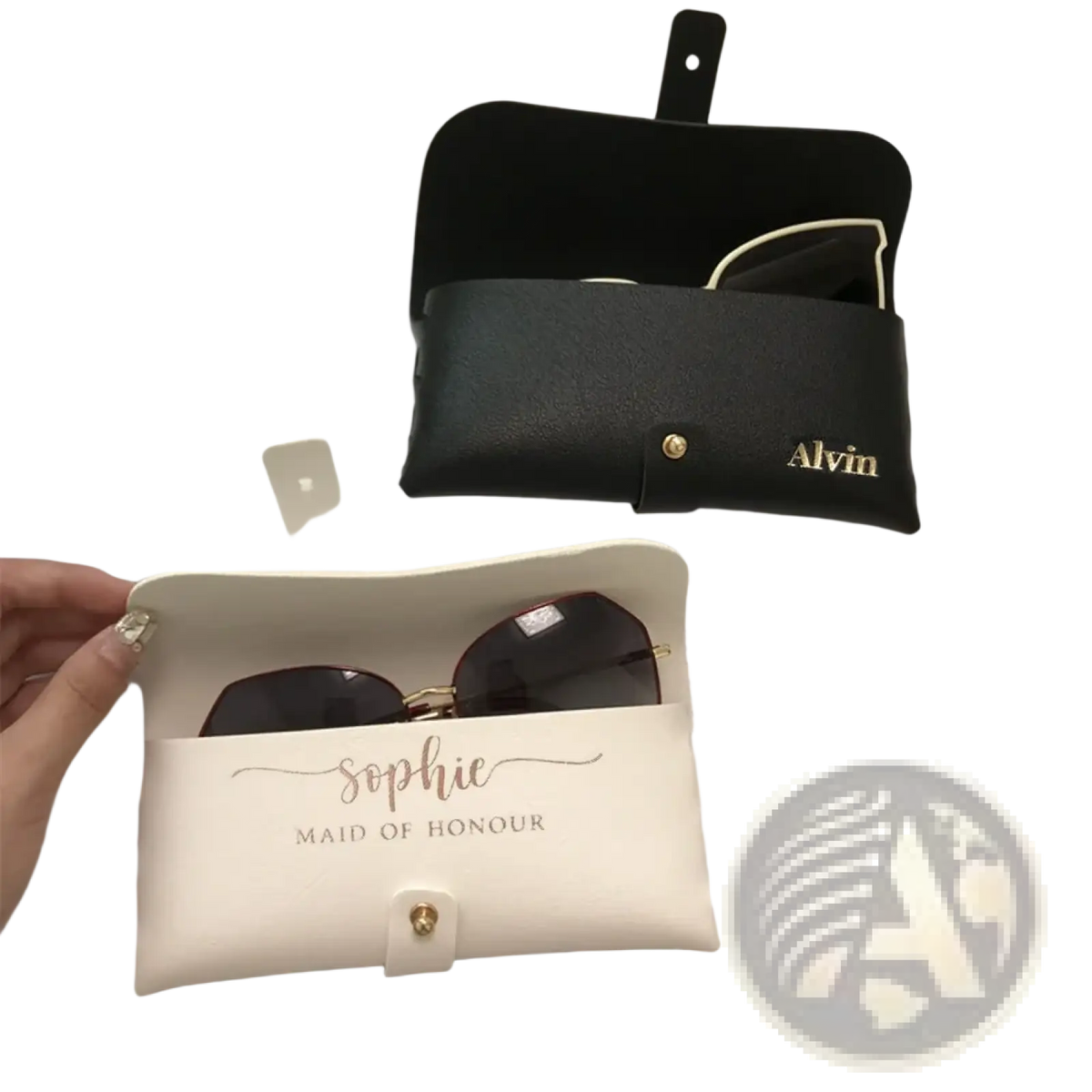 Cream-colored leather glasses case with gold embossed sophie maid of honour script and matching gold clasp for bridesmaids