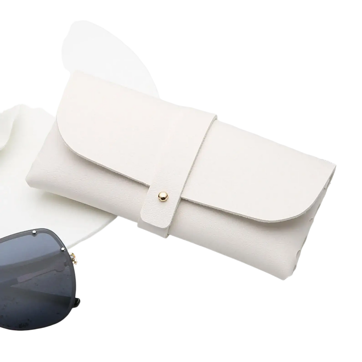 Cream-colored leather sunglasses case with gold-tone button closure personalized as a bridesmaid gift