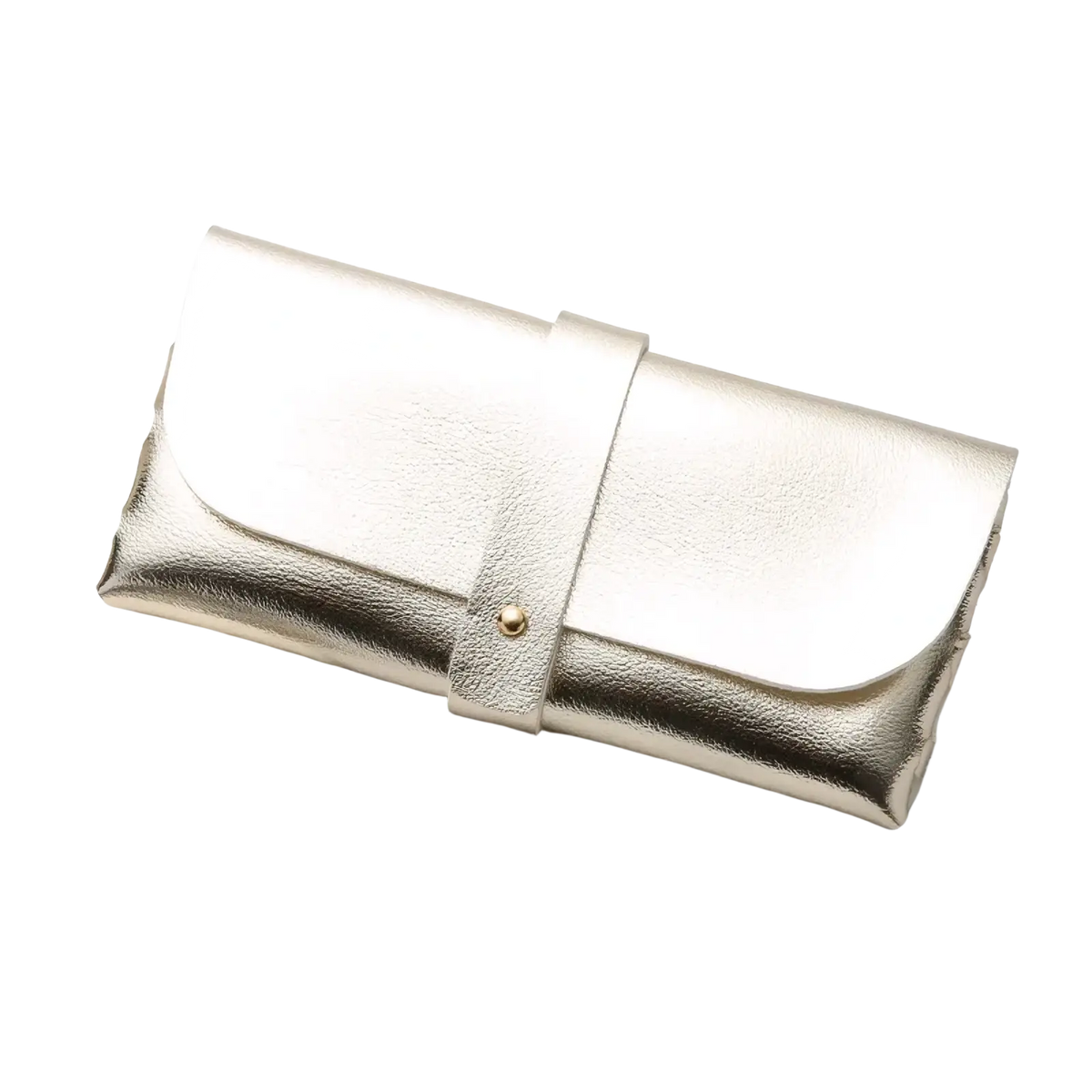 Gold-colored leather sunglasses case with minimalist flap and gold-tone snap button closure for personalized bridesmaid gift