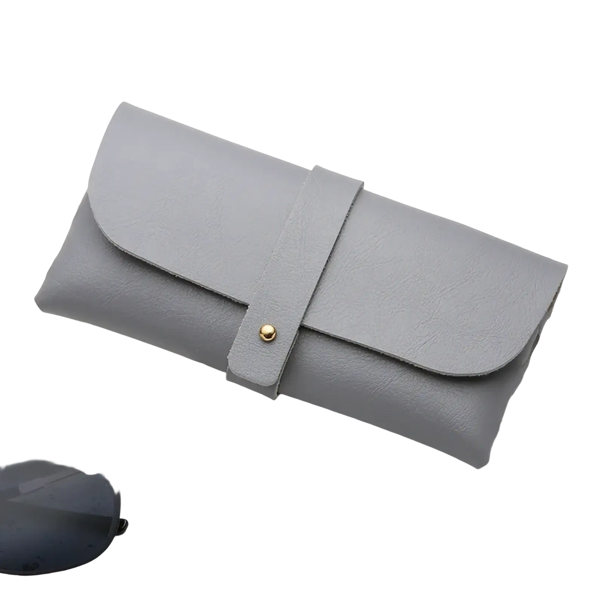 Gray leather custom glasses case with minimalist design and gold-tone snap button closure personalized gift
