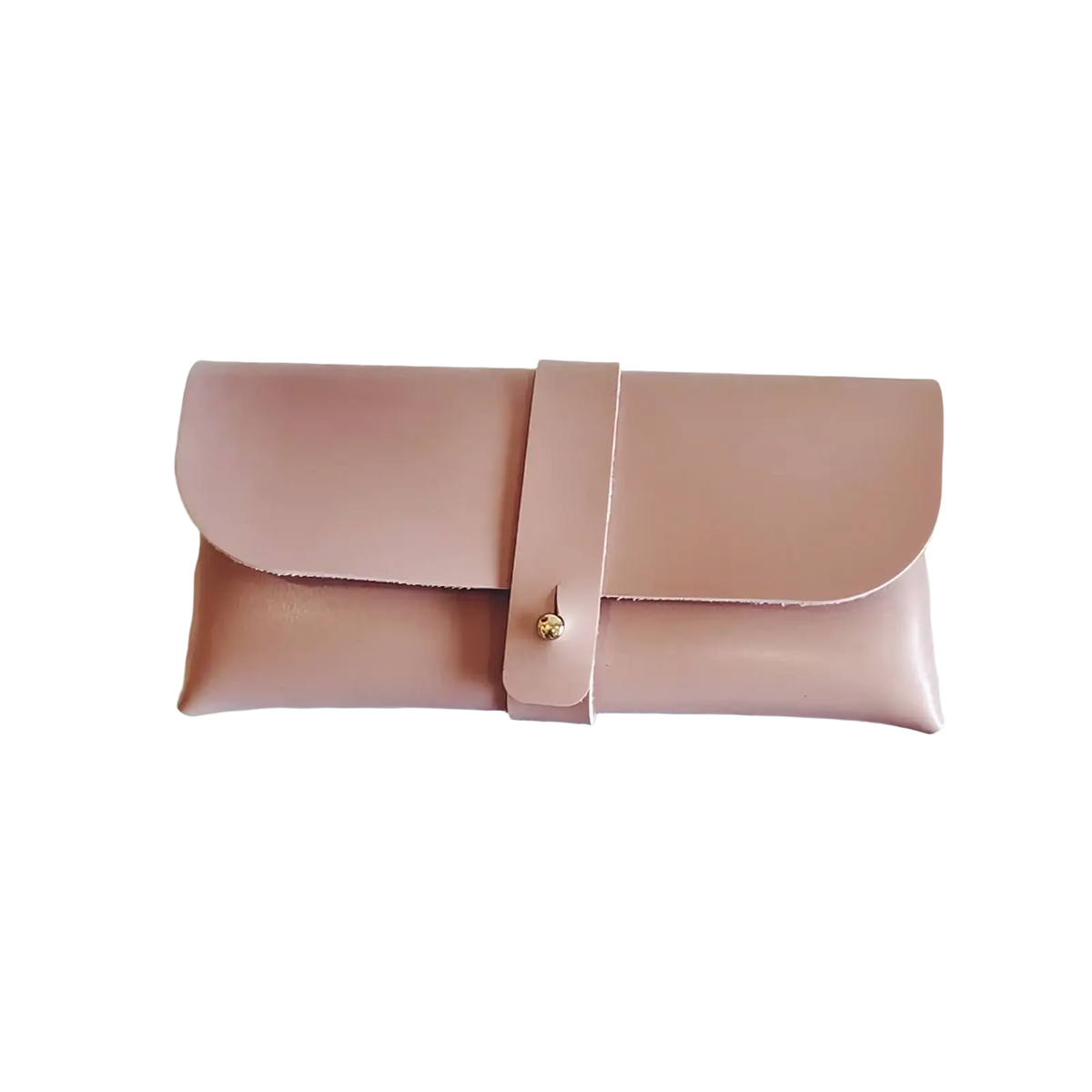 Custom leather glasses case in blush pink leather with minimalist flap and gold-tone button for bridesmaid gift